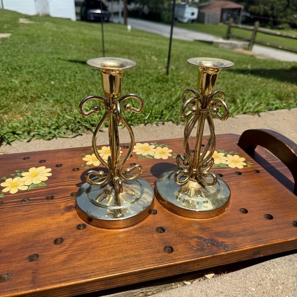 Set of 2 Brass Bow Candlestick Holders Old World Academia boho cottage 7.5” MCM